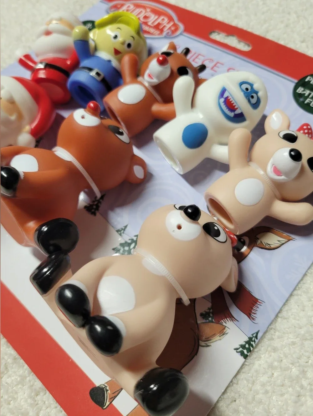 Rudolph the Red-Nosed Reindeer 8 Piece Set Finger Puppets Bath Squirts Toys NEW